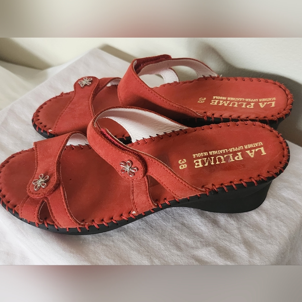 La Plume Charese Double Straps Red Nubuck Leather Sandals Made in Italy Size 38 - Picture 12 of 15